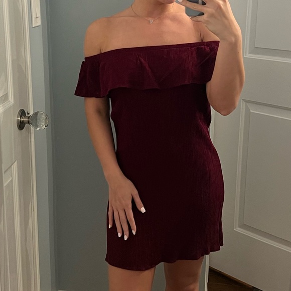 Ambiance Off Shoulder Ruffle Cranberry Dress - Picture 2 of 6